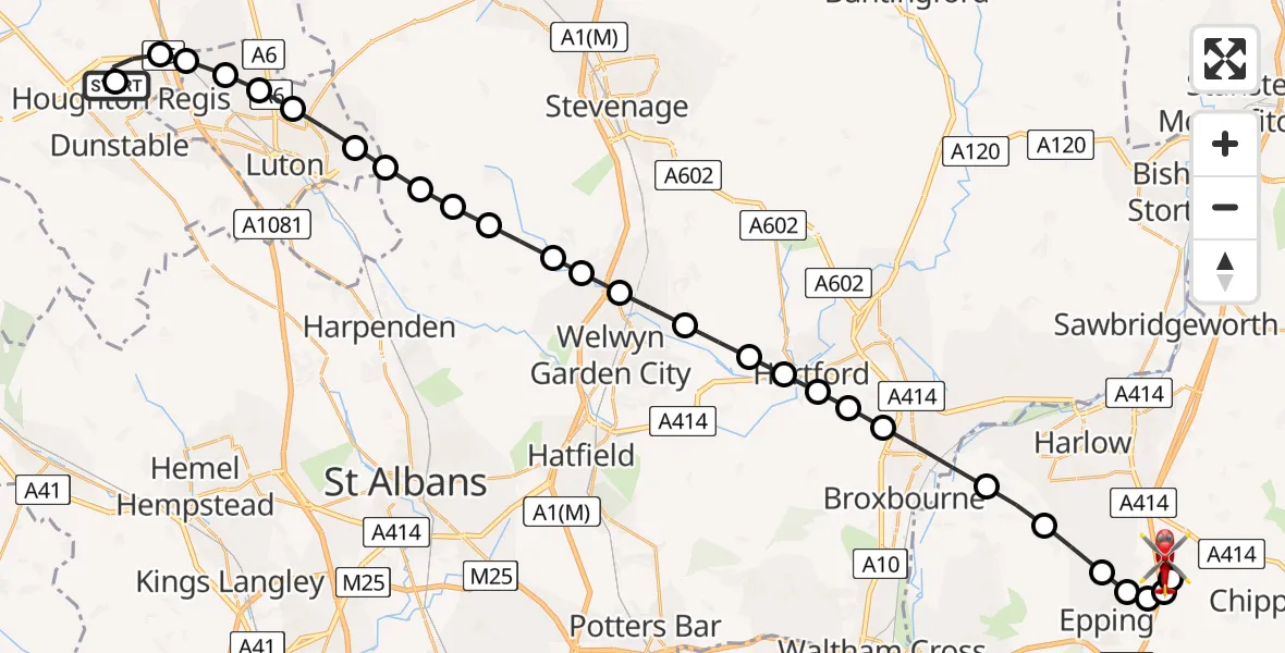 Flight path map showing Air Ambulance Helicopter route from Dunstable to North Weald Airfield