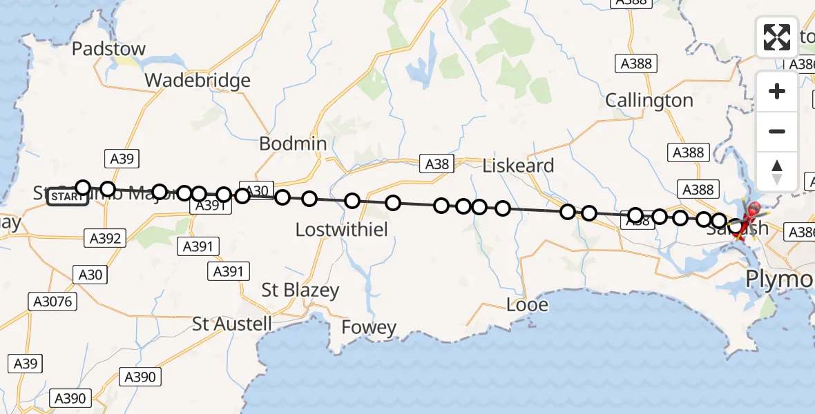 Flight path map showing Air Ambulance Helicopter route from Cornwall Airport Newquay to Plymouth