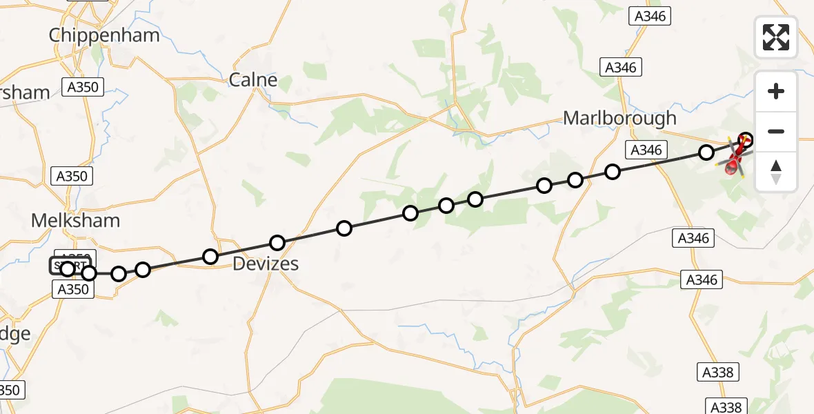 Flight path map showing Air Ambulance Helicopter route from Wiltshire Air Ambulance to Little Bedwyn