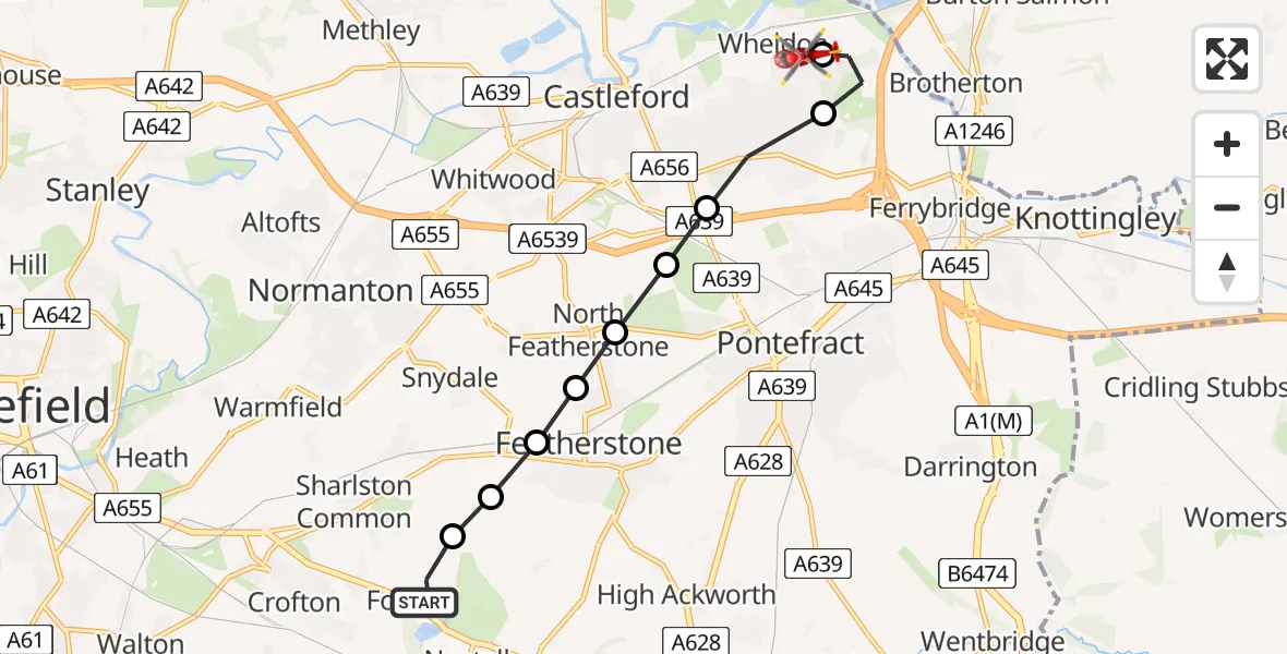 Flight path map showing Air Ambulance Helicopter route from YAA Nostell Helicopter Port to New Fryston