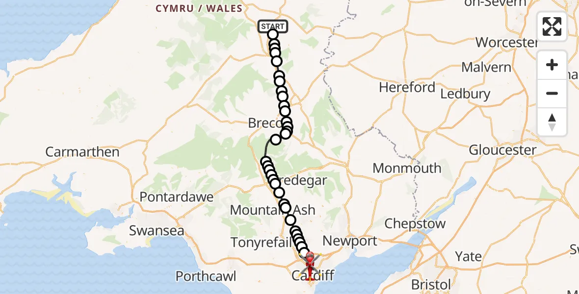 Flight path map showing Air Ambulance Helicopter route from Llandrindod to Cardiff