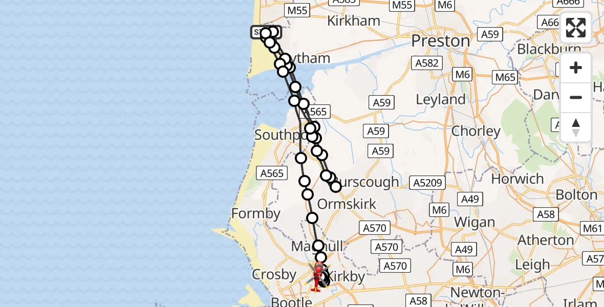 Flight path map showing Air Ambulance Helicopter route from Blackpool Airport to Sefton