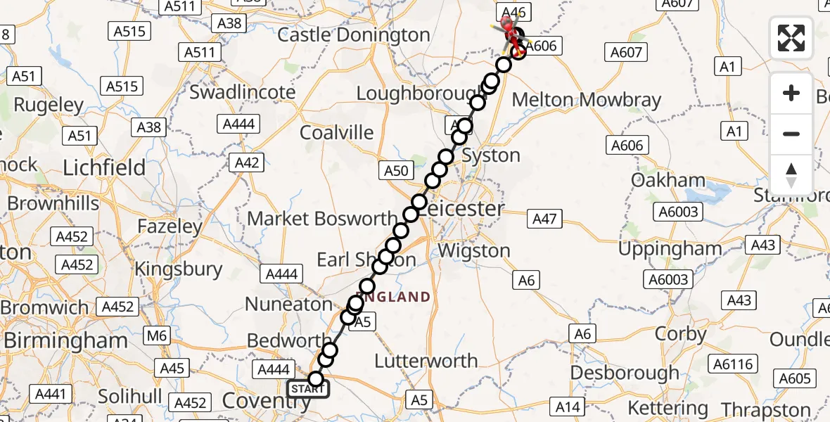Flight path map showing Air Ambulance Helicopter route from Rugby to Nottingham Heliport
