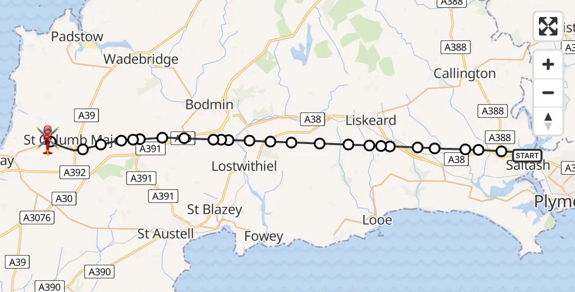 Flight path map showing Air Ambulance Helicopter route from Saltash to Cornwall Airport Newquay
