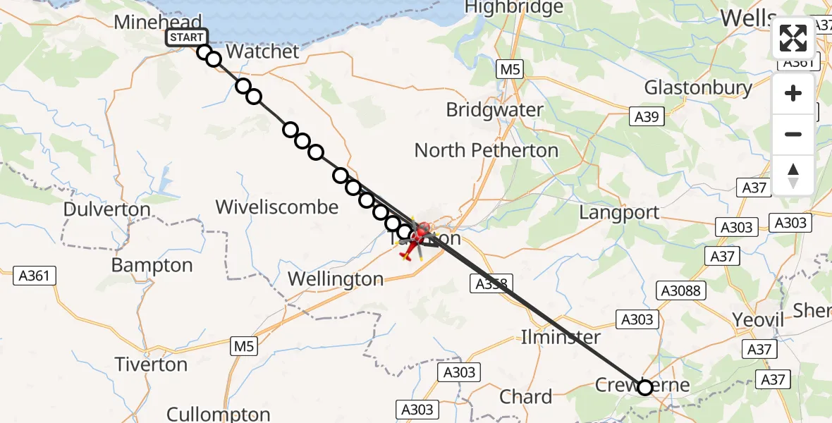 Flight path map showing Air Ambulance Helicopter route from Dunster to Taunton