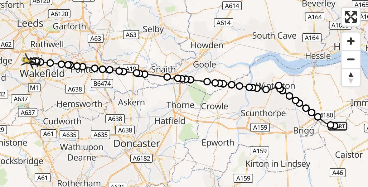 Flight path map showing Police Helicopter route from Humberside Airport to East Ardsley