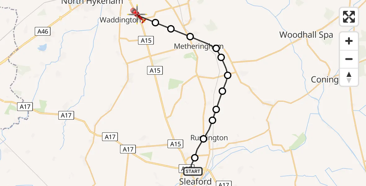 Flight path map showing Air Ambulance Helicopter route from Sleaford to North Kesteven