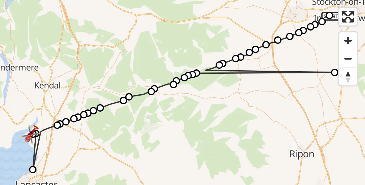 Flight path map showing Air Ambulance Helicopter route from Egglescliffe to Arnside