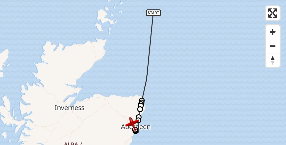Flight path map showing Air Ambulance Aircraft route from North Sea to Aberdeen International Airport