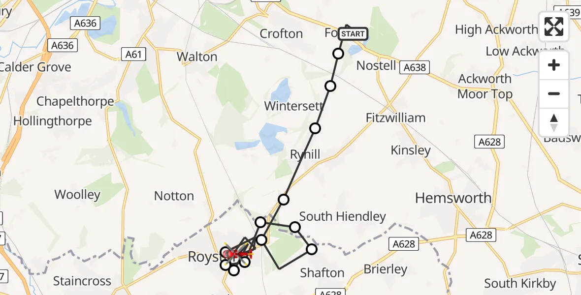 Flight path map showing Air Ambulance Helicopter route from YAA Nostell Helicopter Port to Royston