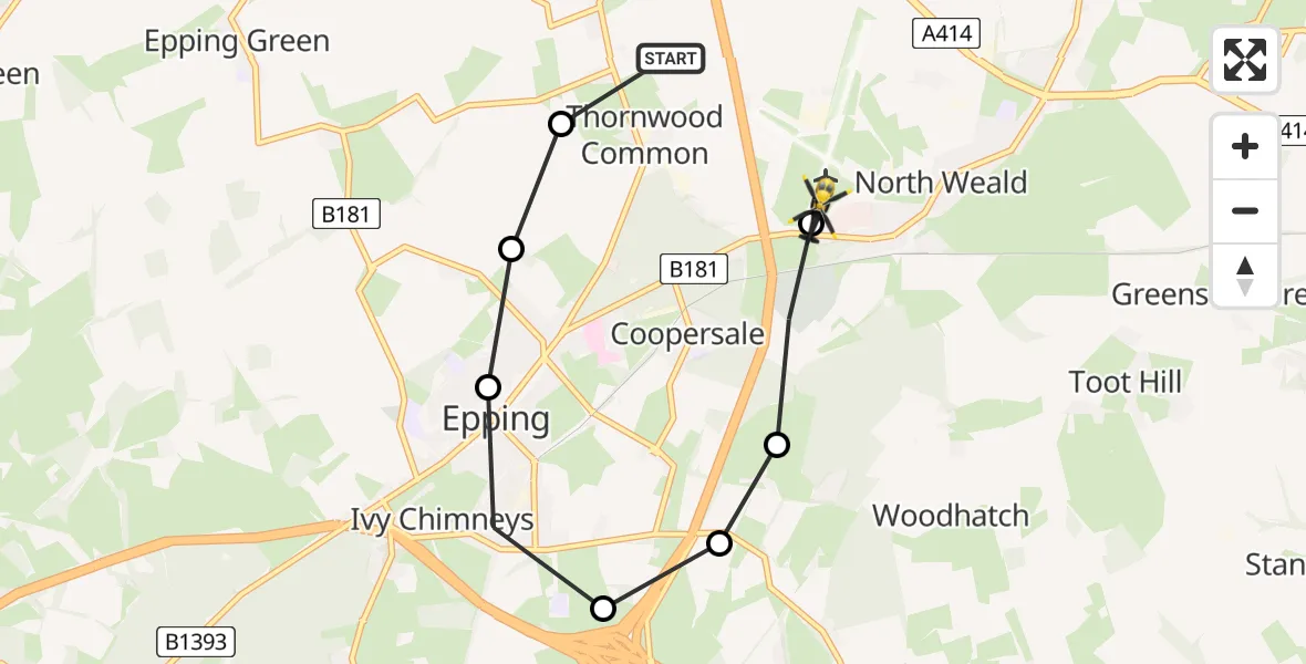 Flight path map showing Police Helicopter route from North Weald Bassett to North Weald Airfield