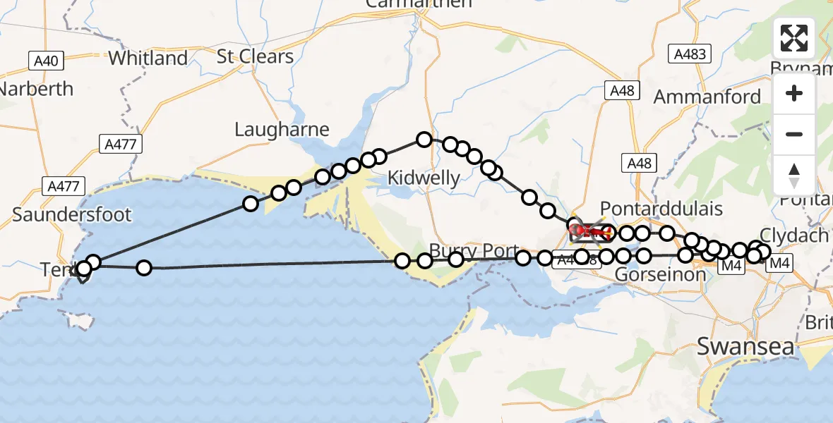Flight path map showing Air Ambulance Helicopter route from Dafen to Dafen