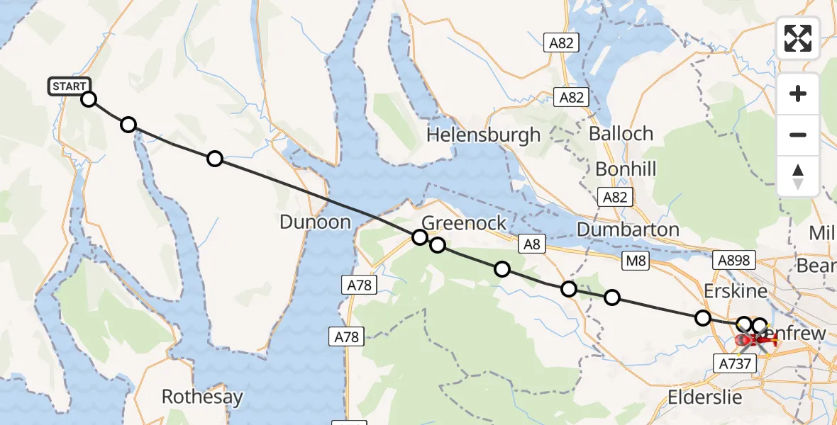 Flight path map showing Air Ambulance Helicopter route from Clachan of Glendaruel to Glasgow Airport