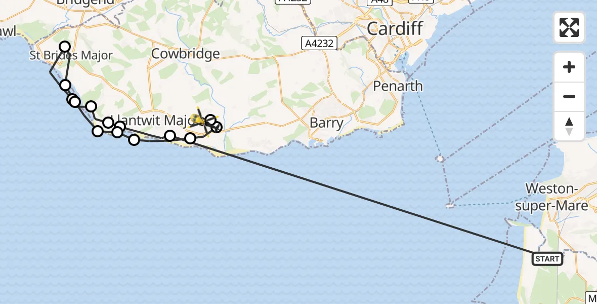 Flight path map showing Police Helicopter route from Bleadon to MOD St Athan