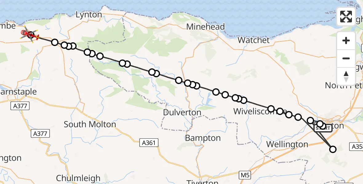 Flight path map showing Air Ambulance Helicopter route from Musgrove Hospital to Combe Martin