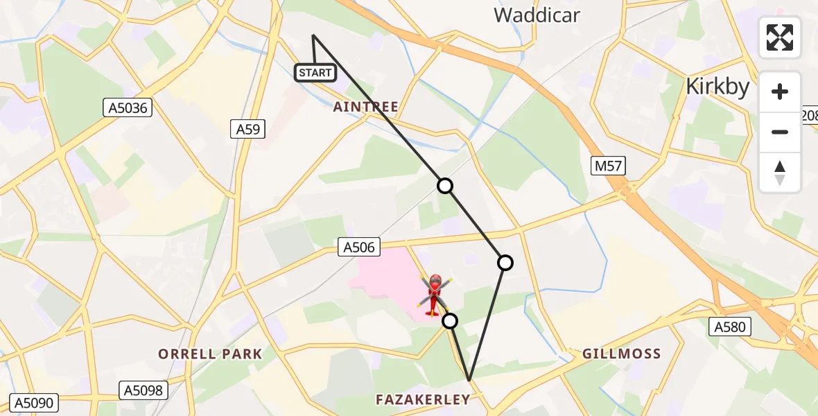 Flight path map showing Air Ambulance Helicopter route from Melling to Aintree University Hospital Heliport