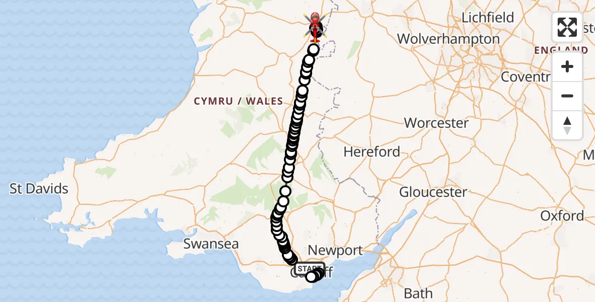 Flight path map showing Air Ambulance Helicopter route from Cardiff to Welshpool Airport