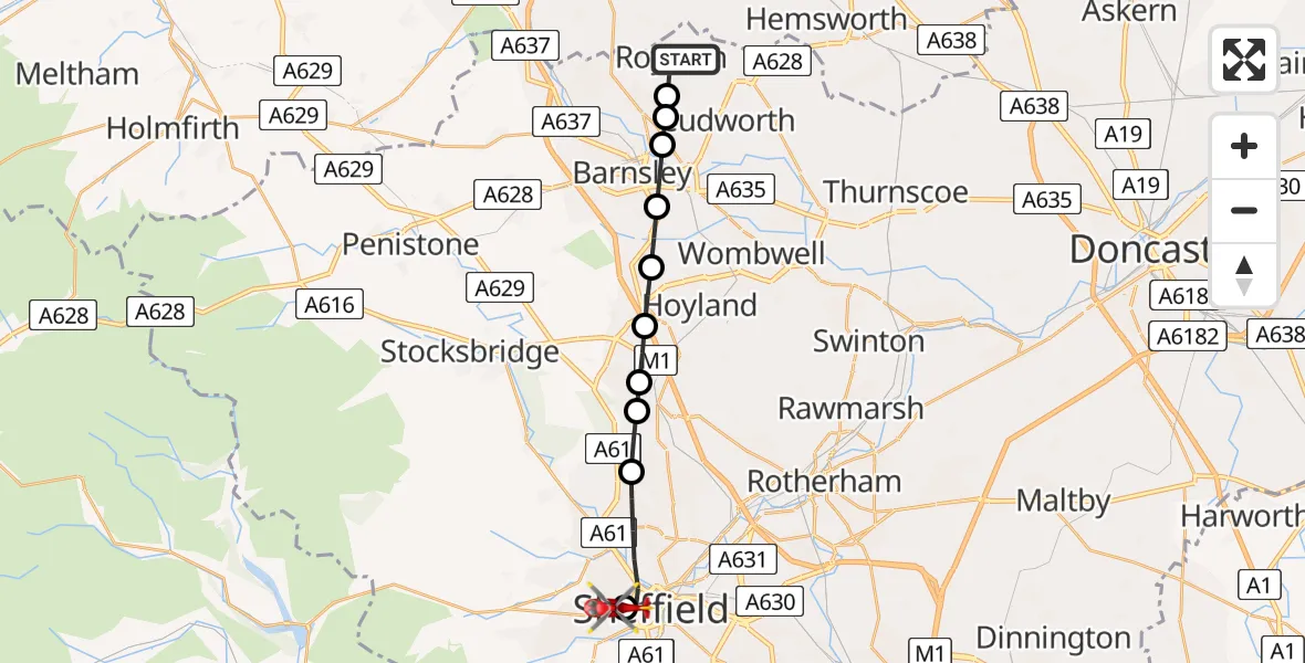 Flight path map showing Air Ambulance Helicopter route from Royston to Sheffield Childrens Hospital