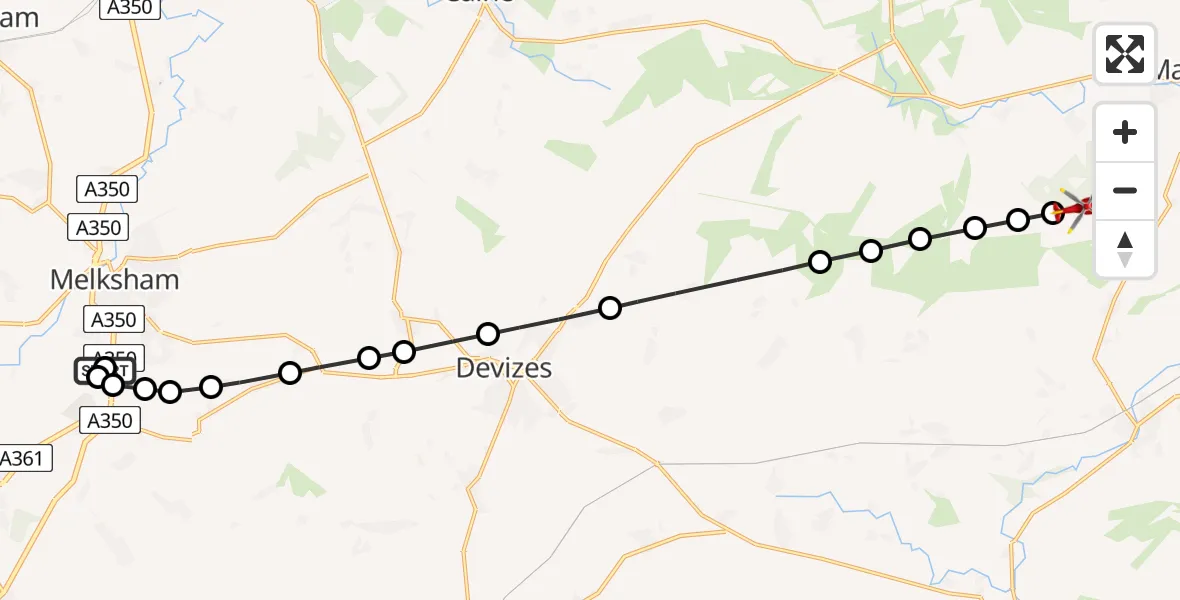 Flight path map showing Air Ambulance Helicopter route from Wiltshire Air Ambulance to West Overton