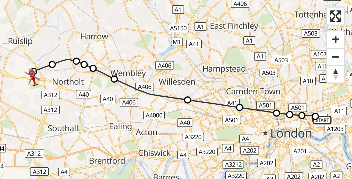 Flight path map showing Air Ambulance Helicopter route from Royal London Hospital to RAF Northolt