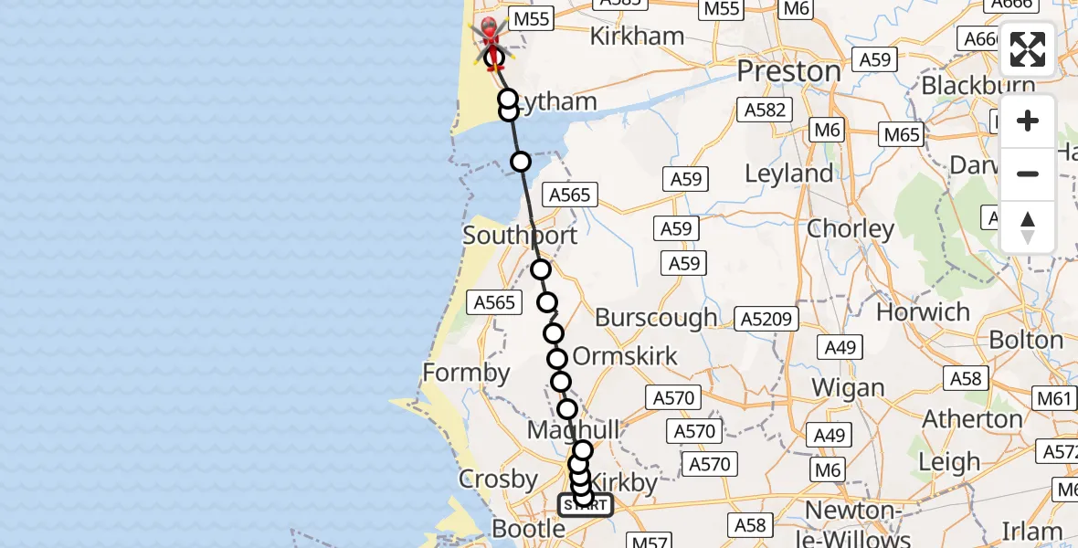 Flight path map showing Air Ambulance Helicopter route from Aintree University Hospital Heliport to Blackpool Airport