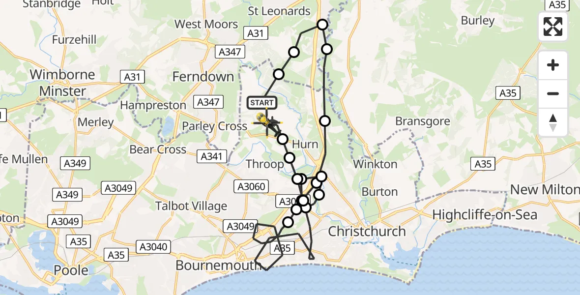 Flight path map showing Police Helicopter route from Bournemouth Airport to Bournemouth Airport