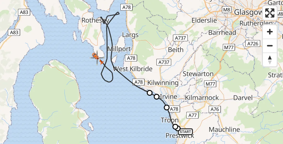Flight path map showing Coastguard Helicopter route from Glasgow Prestwick Airport to Inner Seas