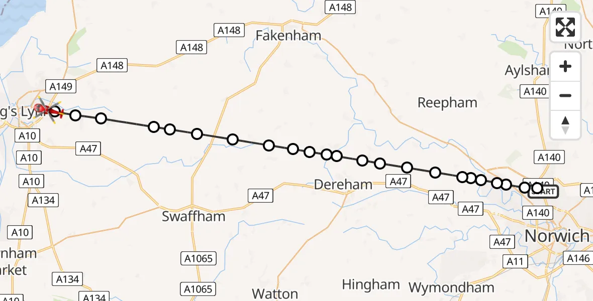 Flight path map showing Air Ambulance Helicopter route from Norwich Airport to King's Lynn and West Norfolk