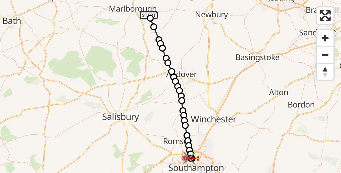 Flight path map showing Air Ambulance Helicopter route from Mildenhall to University Hospital Southampton