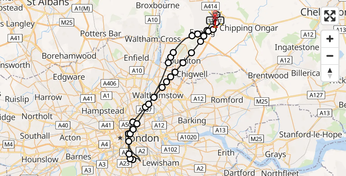Flight path map showing Air Ambulance Helicopter route from North Weald Airfield to North Weald Airfield