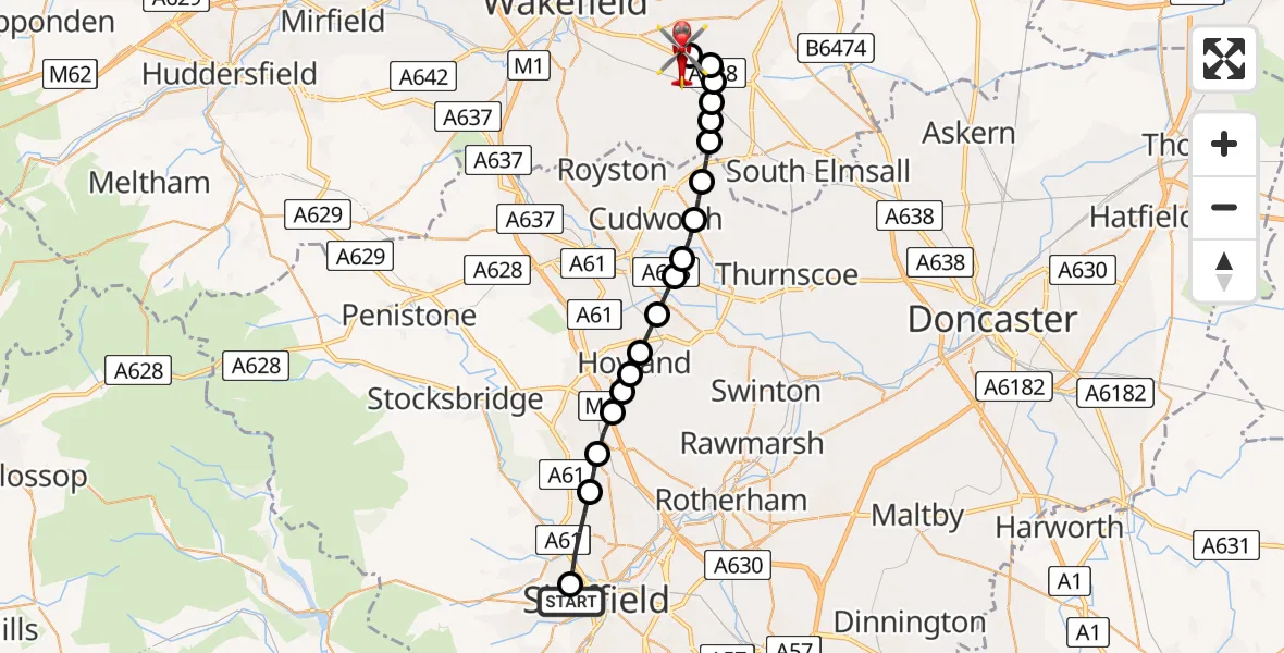 Flight path map showing Air Ambulance Helicopter route from Sheffield Childrens Hospital to YAA Nostell Helicopter Port