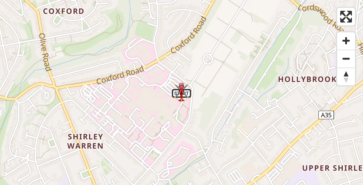 Flight path map showing Air Ambulance Helicopter route from University Hospital Southampton to University Hospital Southampton