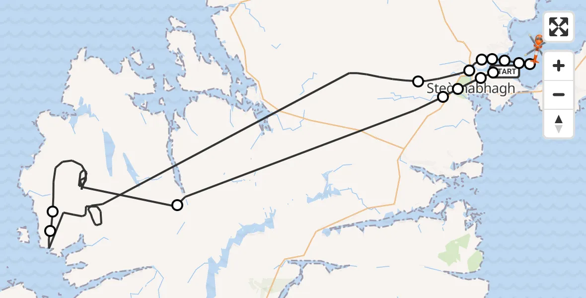 Flight path map showing Coastguard Helicopter route from Stornoway Airport to Inner Seas