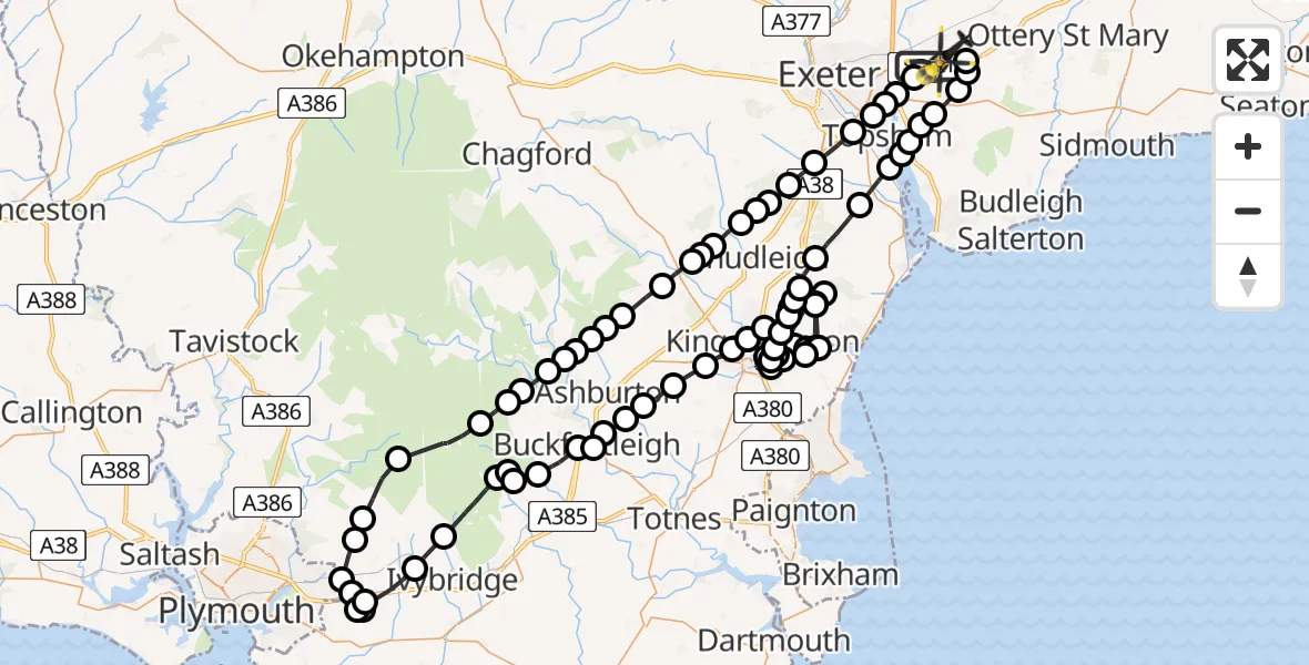 Flight path map showing Police Helicopter route from Exeter International Airport to Exeter International Airport