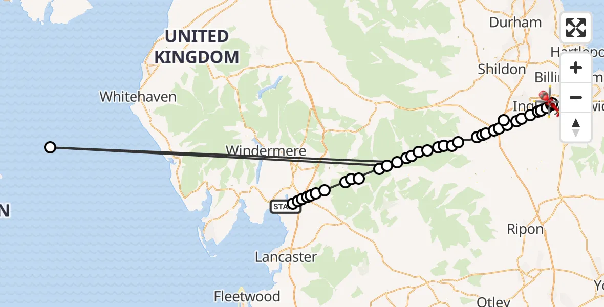 Flight path map showing Air Ambulance Helicopter route from Sandside to Egglescliffe