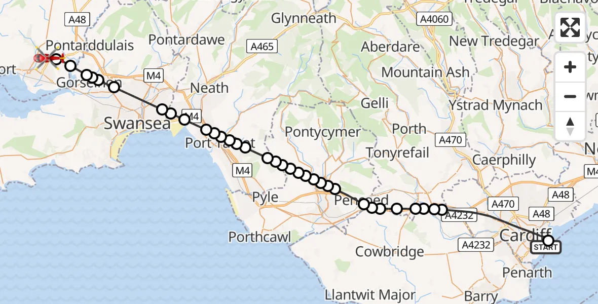 Flight path map showing Air Ambulance Helicopter route from Cardiff Heliport to Dafen