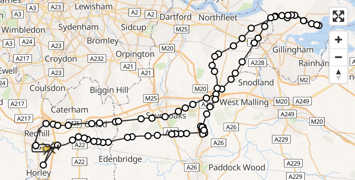 Flight path map showing Police Helicopter route from Salfords to South Nutfield