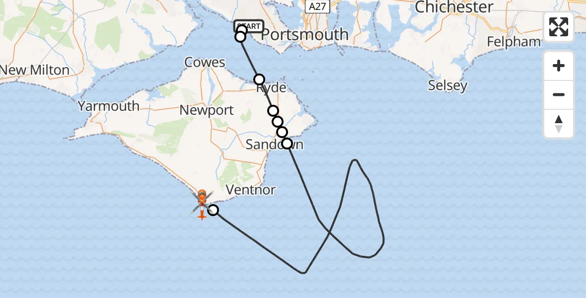 Flight path map showing Coastguard Helicopter route from Solent Airport to Niton