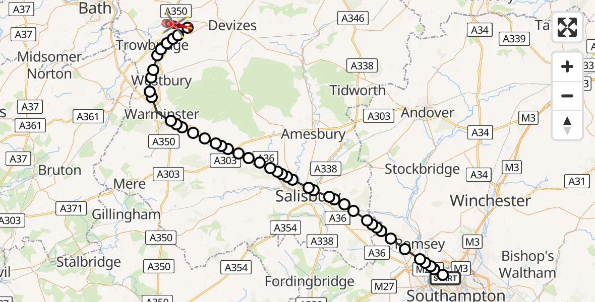 Flight path map showing Air Ambulance Helicopter route from University Hospital Southampton to Wiltshire Air Ambulance