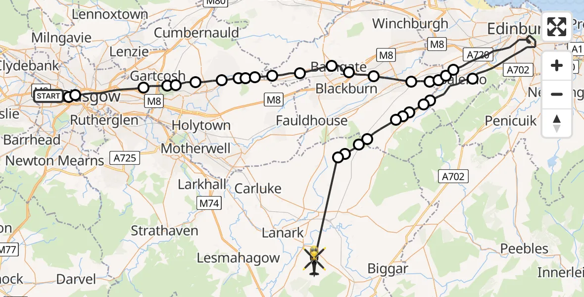 Flight path map showing Police Helicopter route from Glasgow to Carmichael