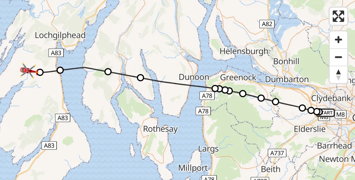 Flight path map showing Air Ambulance Helicopter route from Glasgow Airport to Achahoish