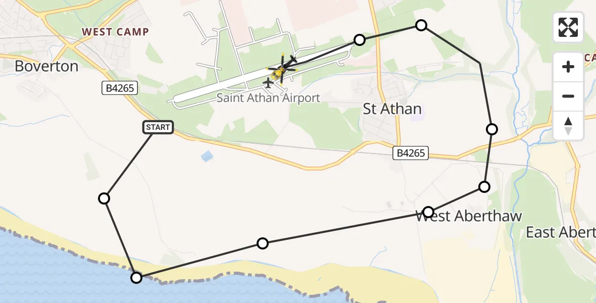 Flight path map showing Police Helicopter route from MOD St Athan to MOD St Athan