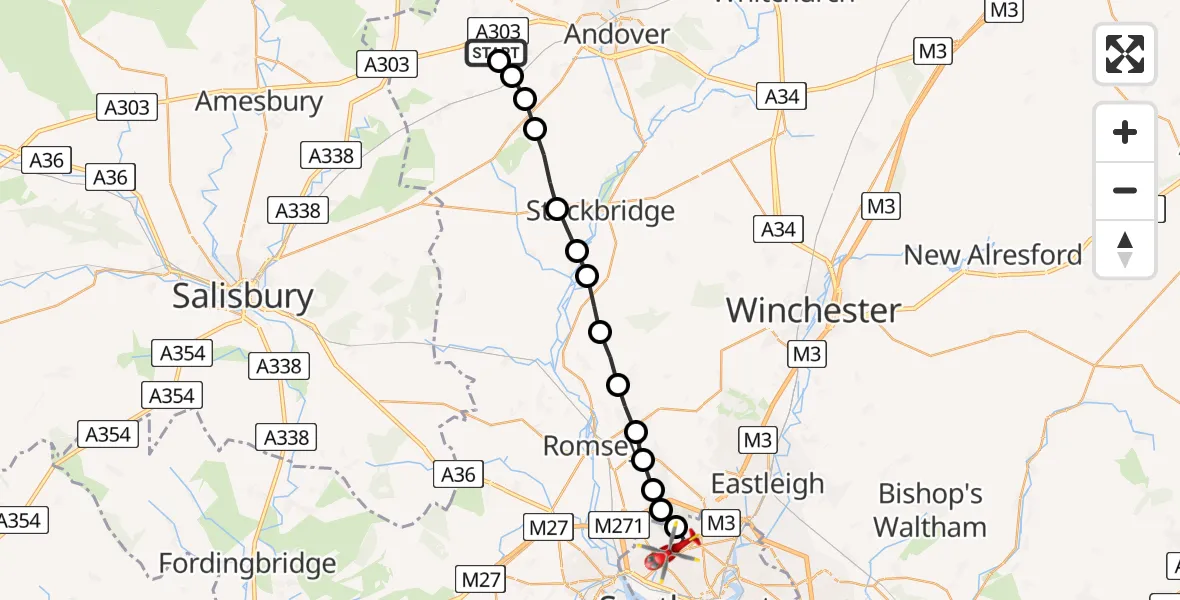 Flight path map showing Air Ambulance Helicopter route from Thruxton to University Hospital Southampton