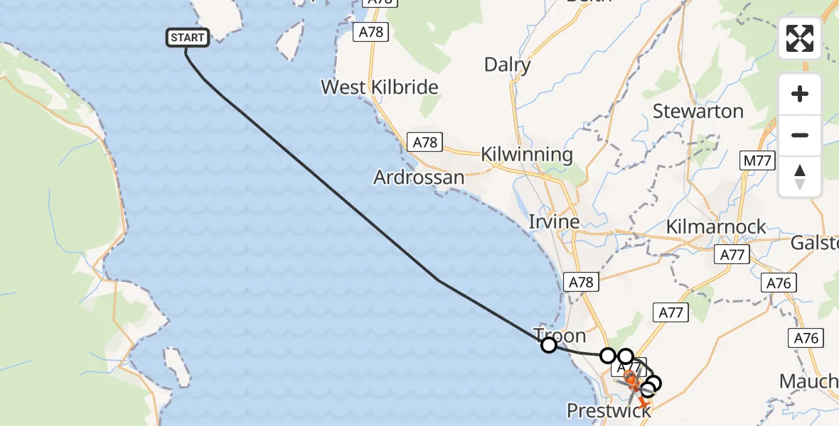 Flight path map showing Coastguard Helicopter route from Inner Seas to Glasgow Prestwick Airport