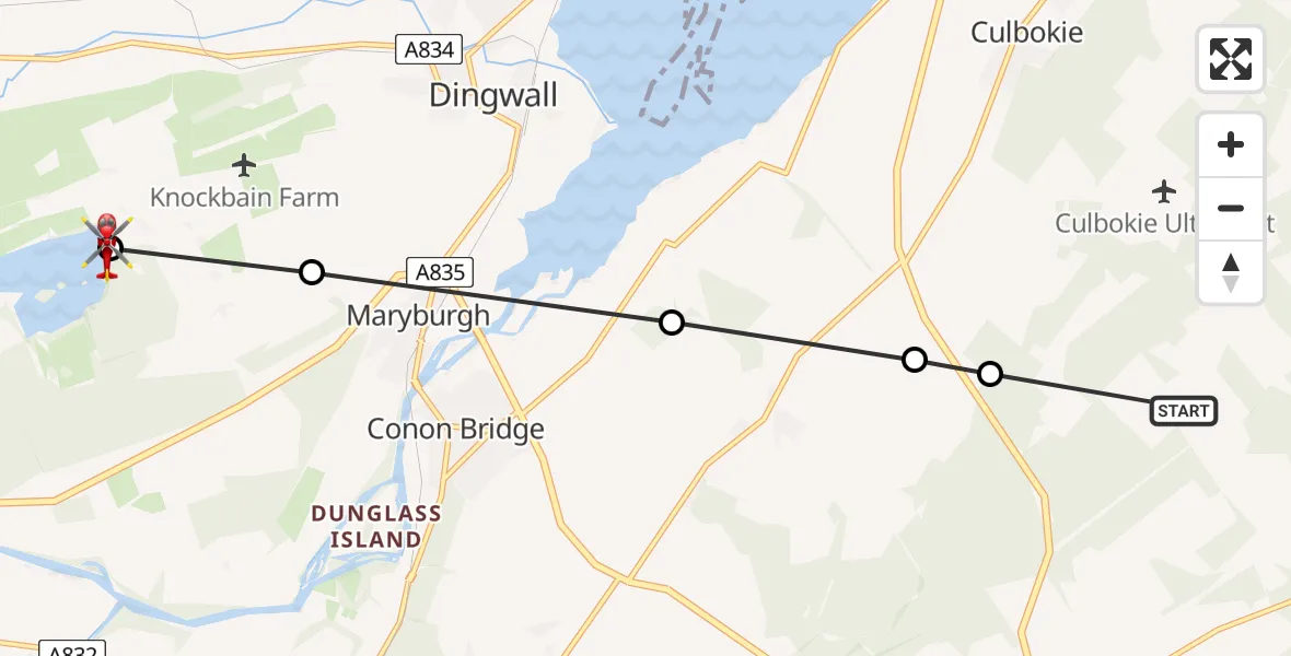 Flight path map showing Air Ambulance Helicopter route from Inverness to Loch Ussie