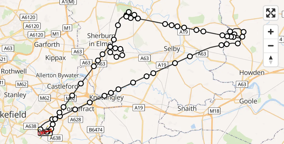 Flight path map showing Air Ambulance Helicopter route from YAA Nostell Helicopter Port to YAA Nostell Helicopter Port