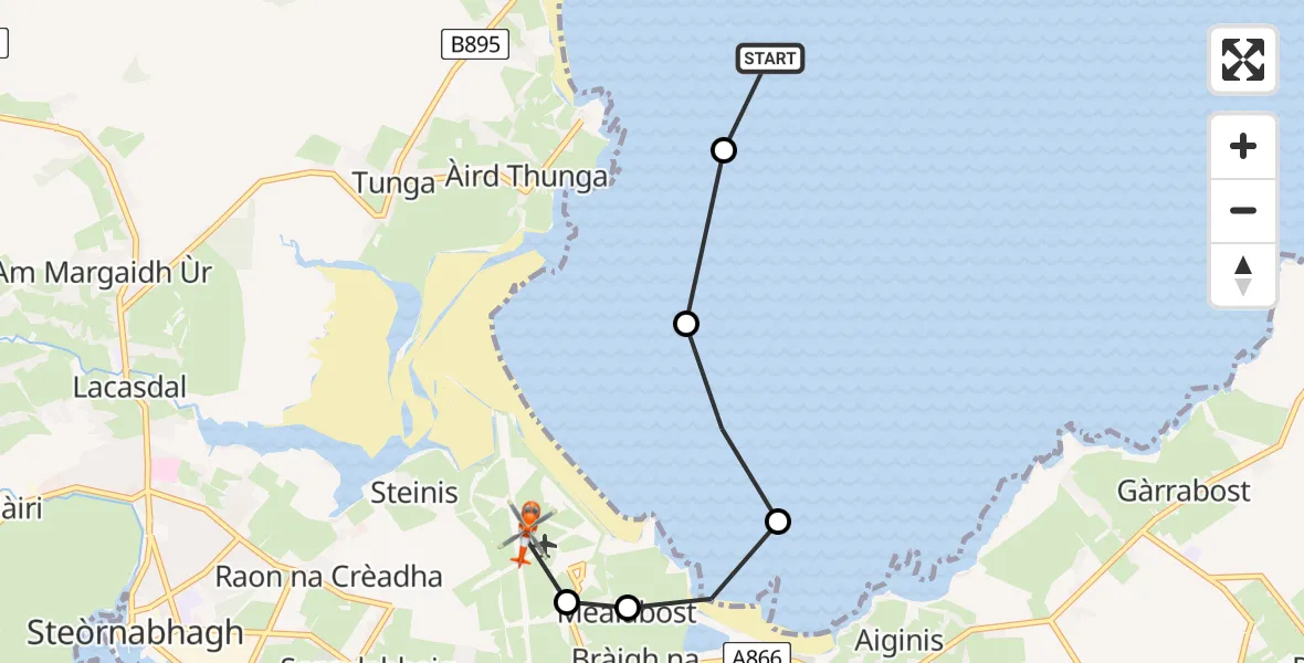 Flight path map showing Coastguard Helicopter route from Am Bac to Stornoway Airport