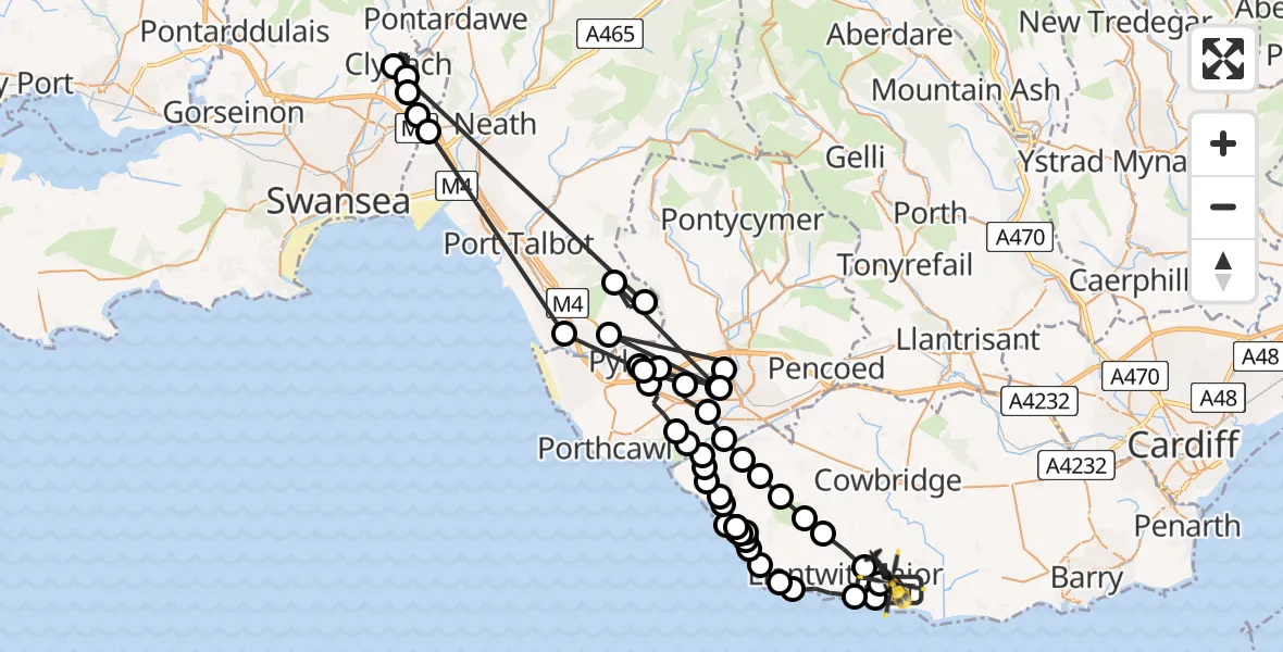Flight path map showing Police Helicopter route from MOD St Athan to MOD St Athan