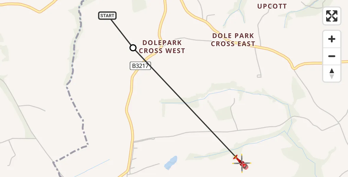 Flight path map showing Air Ambulance Helicopter route from Roborough to North Devon