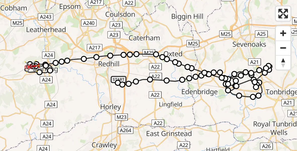 Flight path map showing Air Ambulance Helicopter route from Redhill Aerodrome to Mole Valley